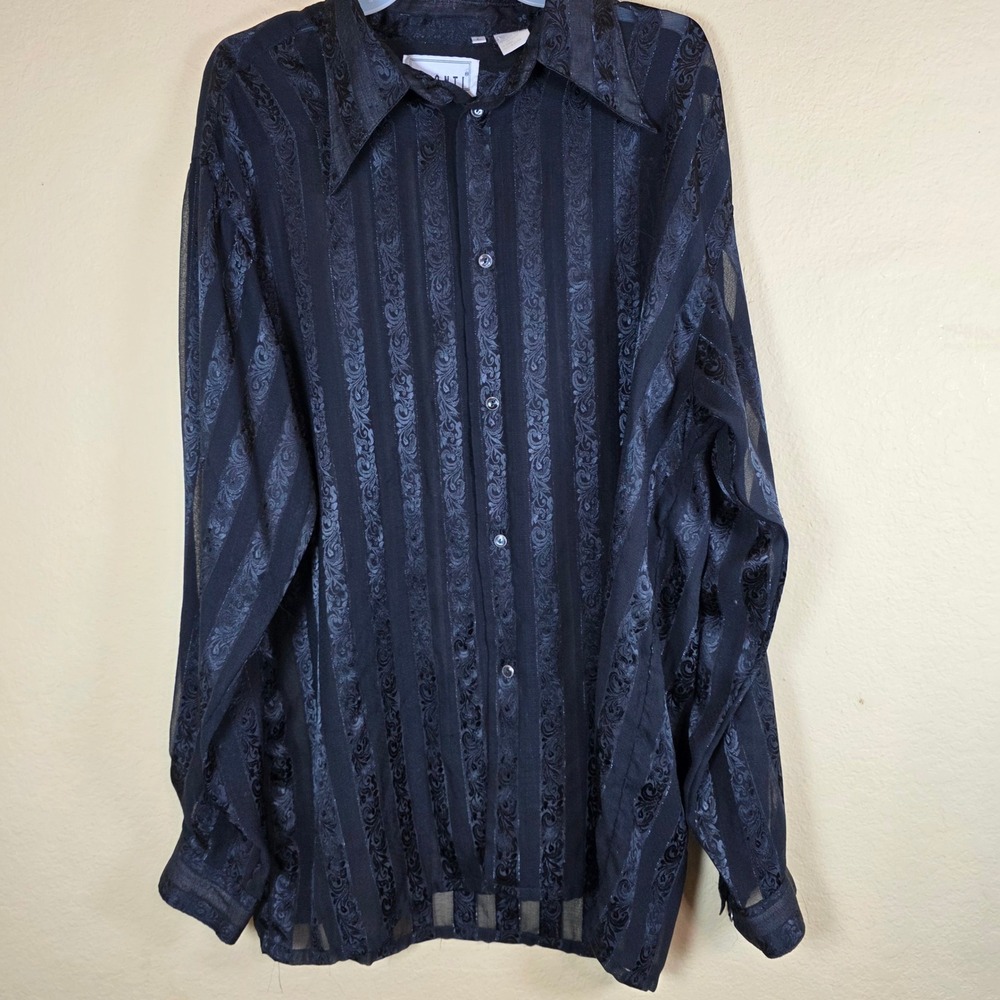 PRONTI Black Sheer layer‎ Striped Button Up Shirt Top Size L whimsy goth shiney